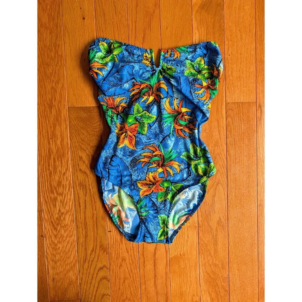 Vintage 90s Gottex One Piece Swim Suit High Leg Green Blue Tropical Shelf Bra S